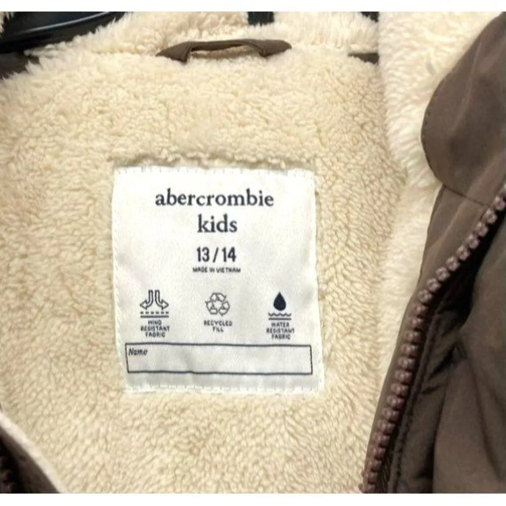 Abercrombie Kids Brown Puffer Jacket With Faux Shearling Lining & Hood Size 13/1